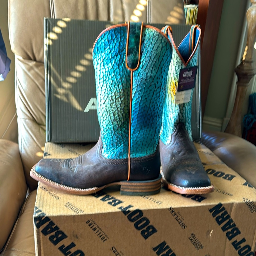 Ariat Brown Leather Western Boots with Turquoise Ombre Shaft - Picture 2 of 8